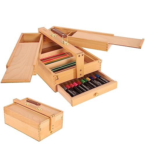 VISWIN Multifunktionale Tragbare Künstler-Aufbewahrungsbox aus Massivem Buchenholz mit Schublade, Dreischichtige Aufbewahrungsbox für Künstlerbedarf für Pinsel, Stift, Pastell, Malutensilien