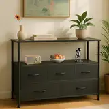 DUMOS Kommode mit Schubladen - kommoden & Sideboards für Schlafzimmer Geeignet, Komodenschrank mit 5 Schubladen, TV-Schrank mit Stabilem Stahlrahmen, Ideal für Schlafzimmer, Wohnzimmer (Schwarz)