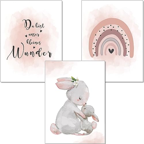 artpin® Poster Kinderzimmer Deko - A4 Bilder Babyzimmer 3er Set Rosa Grau für Mädchen - Regenbogen Hasen (K5)
