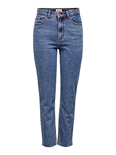 Damen Stretch MOM Jeans Gerade ONLEMILY High Waist Hose | Raw Design Roher Saum Denim Straight Pants, Farben:Blau, Größe:26W / 32L