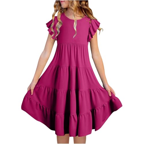 SUPTTING Kinder Sommerkleid Rüschenärmel Rundhals Mädchen Stufenkleid Mehrlagiger Saum Prinzessinnenkleid Baumwolle Freizeitkleid Partykleid Festliches Kleid für Kinder Sommer Alltag