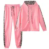 amropi Traingsanzug Damen Jogginganzug Leopard Kapuzenpullover Lange Ärmel Top + Hose Sportanzug 2 Stück (Rosa,S)
