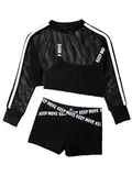 Jowowha Kinder Hip Hop Kleidung Mädchen Langarmshirt Crop Tops + Sport BH Bustier + Sport Shorts Streetwear Jazz Tanzkleidung Schwarz 134-140