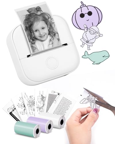 Memoking Tragbarer Mini Aufkleberdrucker – T02 Taschendrucker mit 3 Rollen Papier, Bluetooth-Fotodrucker für Kindergeburtstag, Kompatibel mit Telefon und Tablet, Weiß