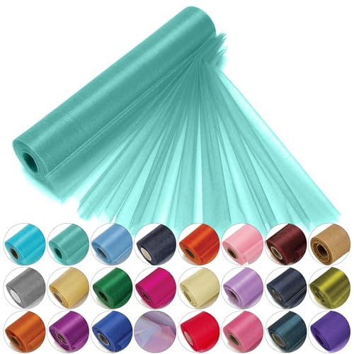 Trimming Shop Organza-Rolle, 25 m x 29 cm, schneetransparenter Glitzerstoff, elegantes Dekotuch für Stuhl, Bogenschärpe, Tischläufer, Hochzeitslocation, Partydekoration, Aquagrün