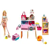 Barbie Pet Salon, 1x Puppe mit blonden Haaren, Welpe, Kätzchen, Haustierzubehör, Zubehör, 25 Teile, Farbwechseleffekt, Geschenke für Kinder ab 3 Jahren,GRG90