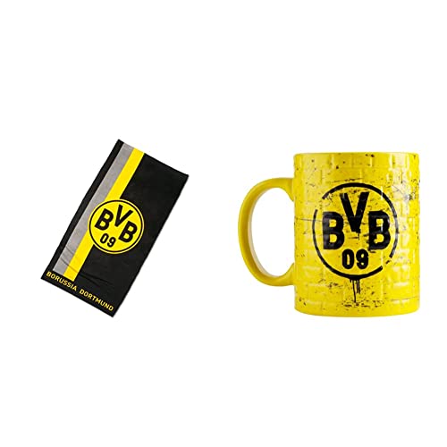 Borussia Dortmund BVB-Handtuch mit Logo im Streifenmuster (50x100cm) & BVB-Tasse Gelbe Wand, Gelb, 0