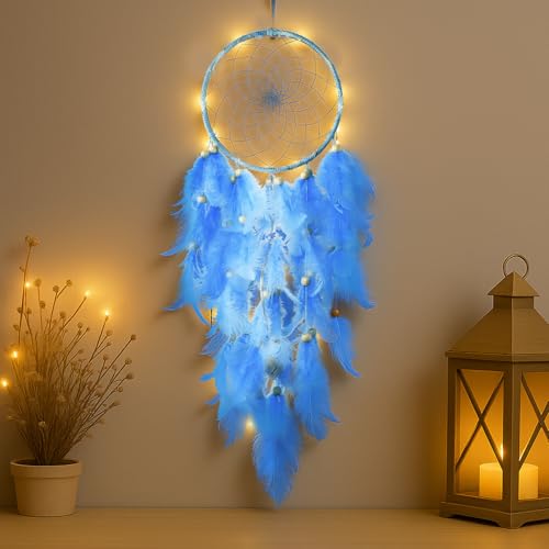 Feder Traumfänger Dreamcatcher mit LED Lichtern Wandbehang Kunst Bohemian Dekoration Stil Zimmer Fenster Balkon Schlafzimmer Hochzeit Dekoration Party Favour Mädchen Kinder Geschenk (Blue)