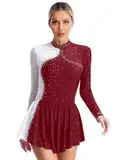 iEFiEL Damen Langarm Eiskunstlauf Kleid Patchwork Kürkleid Kurz Tanzanzug Trikotanzug Tanzbody Glänzende Tanzkostüm Burgundy S