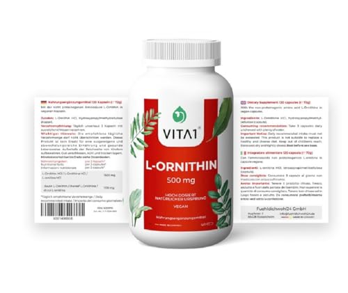 L-Ornithin 500mg • 120 Kapseln (5 Wochen Vorrat) •L-Ornithin HCl (80,6%; Ornithin) VITA1