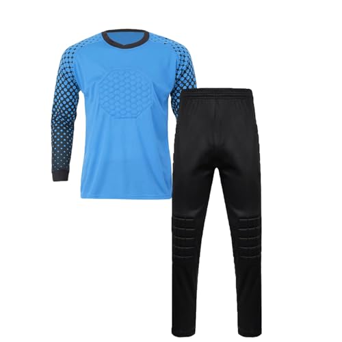 TACKTIMES Jungen Fußball Torwart Trikot Set Sportshirt und Sporthose Gepolstert Langarm Schutz Ausrüstung Anzug (DE/NL/SE/PL, Numerisch, 140, Regular, Blau)