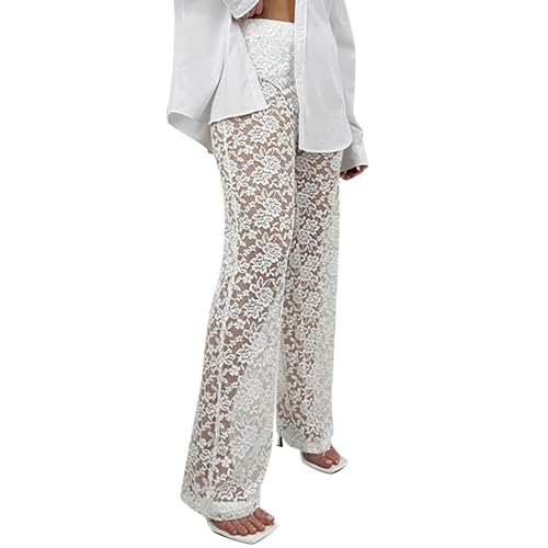 Generisch 2025 - Damen-Spitze, durchsichtig, hohe Taille, Patchwork, Lange, gerade Hose Primark Hose Damen (White, M)