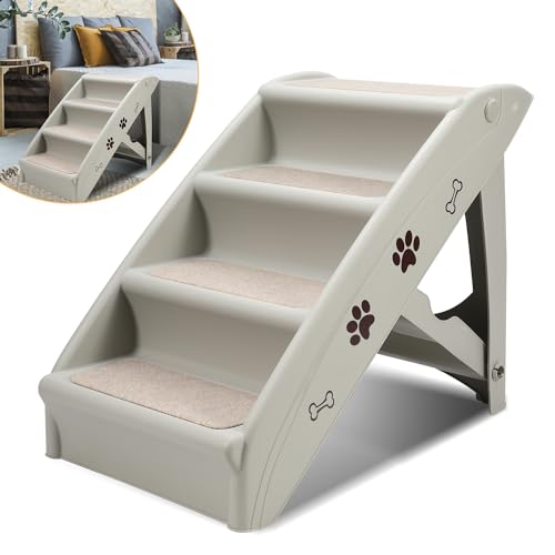 Jiubiaz Hundetreppe Klappbare Haustiertreppe 48,5cm Hoch, 4-Stufig Faltbare Katzentreppe, Hunderampe, Maximale Belastung 75kg, Tiertreppe mit Rutschfester Matte für Hunde und Katzen (grau)