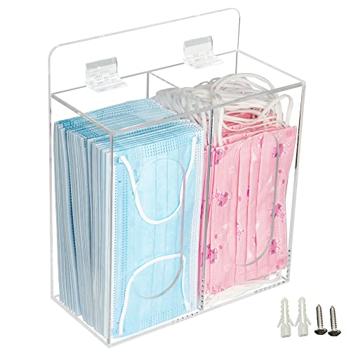 SEANADO Transparenter Acryl-Handschuhhalter Spender mit Deckel, 2 Fächer, Hygienestation, Aufbewahrungsbox für Bartnetze, Haarnetze, Plastiktüten, Schuhüberzug – Wandhalterung oder Tischplatte