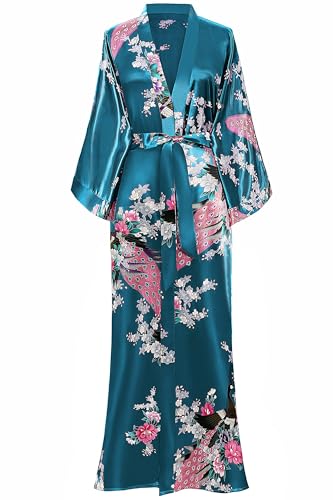 BABEYOND Damen Morgenmantel Maxi Seide Satin Kimono Kleid Pfau Muster Bademantel Damen Robe Schlafmantel Girl Pajama Party 135cm Lang (Türkis)