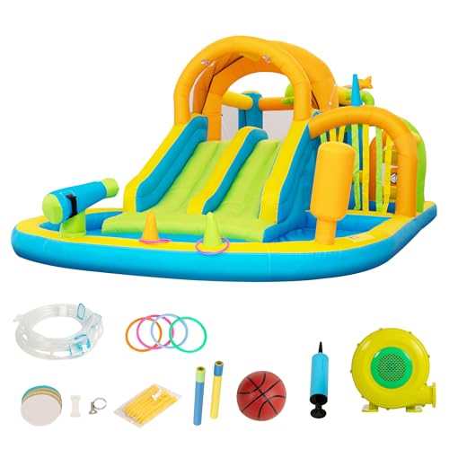 UEV Hüpfburg mit Gebläse Groß Aufblasbare Wasserpark für Kinder von 3-8 Jahre Wasserrutsche Springen Kletterwand Sicherheitsnetz Kindergeburtstag Bouncy Castle für Indoor und Outdoor XXL 520x320x215cm