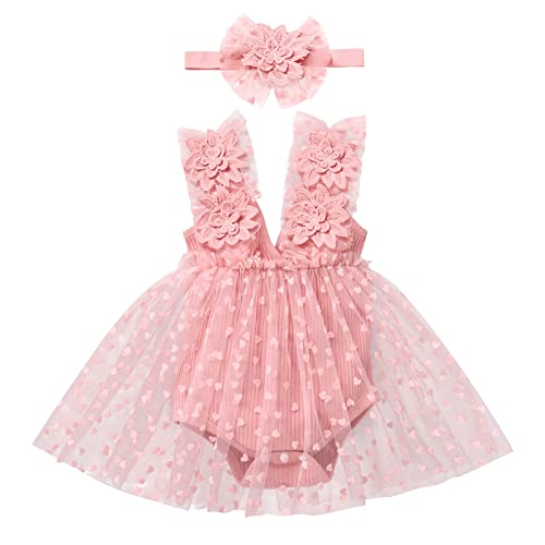 Baby Kleid 1 Geburtstag Mädchen Outfit Taufkleid Prinzessin Tüllrock mit Stirnband Ärmellos Bodykleid Strampler Kleinkinder Partykleid Festkleid Bekleidungssets Neugeborene Fotoshooting Rosa 0-6M