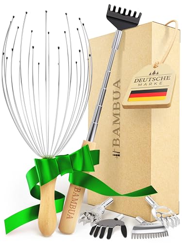 BAMBUA Kopfmassage Spinne & Rückenkratzer Set für nachhaltige Entspannung - 100% All-Inclusive Geschenkset inkl. 2x Schleifen - Kleine Geschenke für Männer, Geschenke für Frauen, Weihnachtsgeschenke