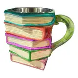 Ghjkldha Gemalte Buchtasse aus Harz, Neuheit Trinkbecher, 12 x 12 x 10 cm, gestapelter Kaffeebehälter, Tee-Milchgefäß, künstlerisches Literatur-Design, hochwertige Keramikware für Leser, Heimgebrauch