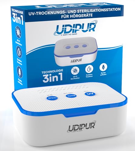Udipur Hörgeräte-Reinigungsstation trocknet sterilisiert UV und lädt 3in1 mit USB C Temperatur max. 50°C - 110x90x40 mm
