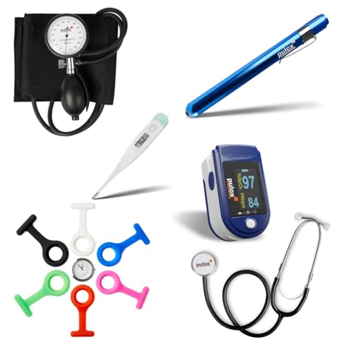Pulox Nurse Bundle - Set mit Oximeter, Schwesternuhr, Blutdruckmessgerät, Stethoskop, LED-Penlight und Fieberthermometer