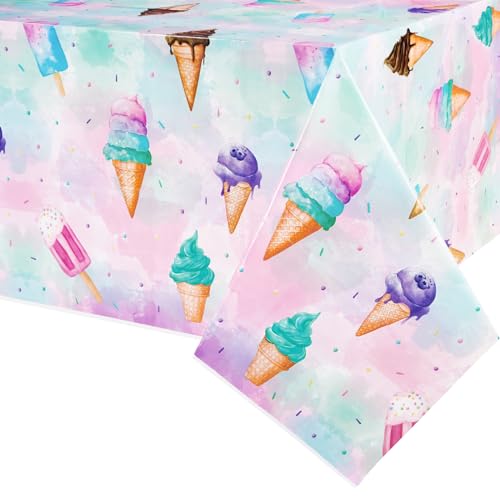 Tischdecke für Eiscreme Partys – 137,2 x 274,3 cm rechteckige Sommer Eiscreme Tischdecke Eiscreme Tischdecke aus Kunststoff Partyzubehör für Mädchen Geburtstag Babyparty Party Dekorationen