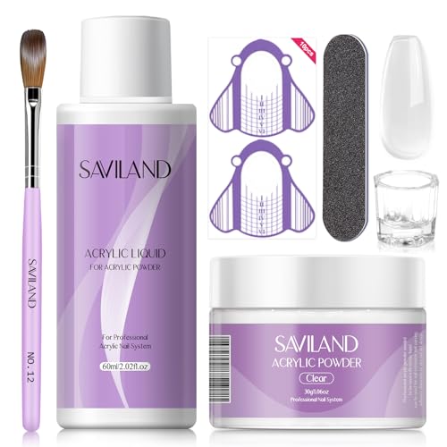 Saviland Acryl Nagelset: 30 g klares Acryl Pulver und 60 ml Acryl Liquid mit Acryl Pinsel, Nagel Schablone, Nagelfeilen, Dappen Dish für Acryl Nagelverlängerung, Nagel DIY Starter Set für Anfänger