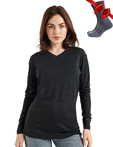 Merino.tech Merino Shirt Damen Langarm - Premium 100% Merino Unterwäsche Damen Leichte V-Ausschnitt + Wollsocken (Large, 165 V-Neck Charcoal)