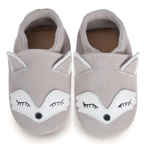 IceUnicorn Baby Lauflernschuhe Krabbelschuhe Baby Mädchen Jungen Lederschuhe Baby Weicher Leder Hausschuhe Baby Wildledersohlen Babyschuhe(NR Graufuchs, 12-18 Monate)