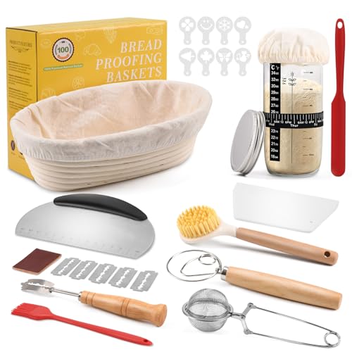 Clheatky Sauerteig Starter Set, 11-teilig Gärkorb Brot Set, Gärkörbchen Oval 25cm, Komplettset Brot Backen Zubehör, Brotbacken Startver Set Großes Geschenk für Anfänger, Erfahrener Bäcker