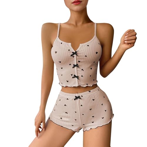 Generisch Retourenkauf Angebote, Schlafanzug Damen Sexy Pyjama Set Kurz Ärmellos Nachtwäsche Mit Spaghettiträger Sleepwear Jumpsuit (L, Khaki)