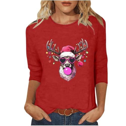 Damen-Top, Weihnachten, 3/4-Ärmel, Rundhalsausschnitt, locker, lässig, elegante Blusen, Weihnachten, Schneeflocken-Druck, T-Shirts für Damen, Farbe: Rot., XXL