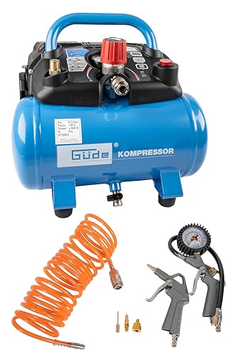 Güde Kompressor Airpower 190/08/6 (ölfrei, max. Druck 8 bar, Kessel 6 l, 1100 W, eff. Liefermenge 145 l/min, Druckminderer/Manometer/Kondensatablassschraube, inkl. 6-tlg. Zubehör, Testnote SEHR GUT)