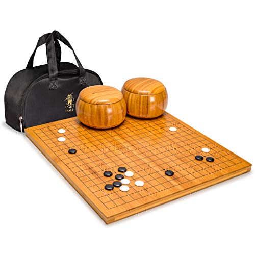 Yellow Mountain Imports Bambus 2 Zentimeter Wendbar 19 x 19/13 x 13 Go-Spielbrett-Set mit Doppelt Konvexen Melamin-Steinen und Bambus-Schalen-Set
