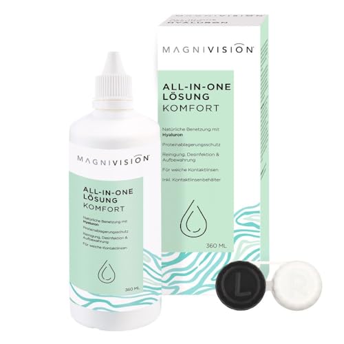 MAGNIVISION All-in-One Lösung Komfort, 360ml All-in-One Lösung für weiche Kontaktlinsen, zur Reinigung und Lagerung von weichen Kontaktlinsen, boratfrei, Made in Europe