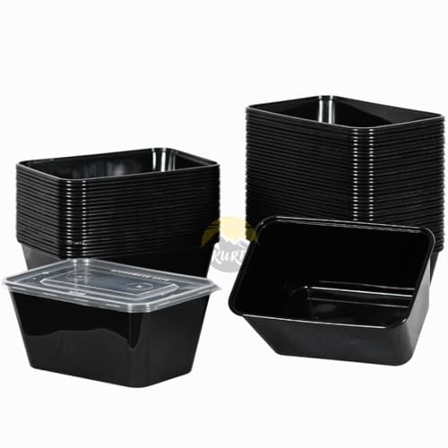 KURTT 100 Stück, Mealprep-Behälter, Mahlzeitsbehälter, Mikrowellenschalen mit Deckeln, Frischhaltebehälter, wiederverwendbar, mikrowellengeeignet, spülmaschinenfest (Schwarz, 1000ml)