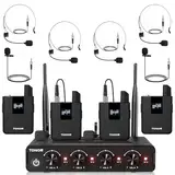 TONOR UHF Mikrofon Kabellos Set mit 4 Bodypack Transmitter/Headset/Lavalier Wireless Microphone, 4x5 Frequenzen 60m Reichweite Funkmikrofon für Gesang Karaoke Kirche DJ PA System Lautsprecher, TW364