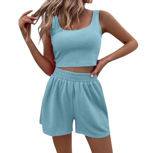 Generisch Prime, Zweiteiler Damen Sommer Outfits Elegant Hosenanzug Kleidung 2 Teiler Set Crop Tank Top + Shorts Clothes Workout (M, Hellblau)