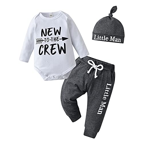 Tinykeke Neugeborenes Baby Jungen Kleidung Langarm Strampler New to The Crew Tops + Hut + Hose 3 tlg Babykleidung Set (0-3 Monate)