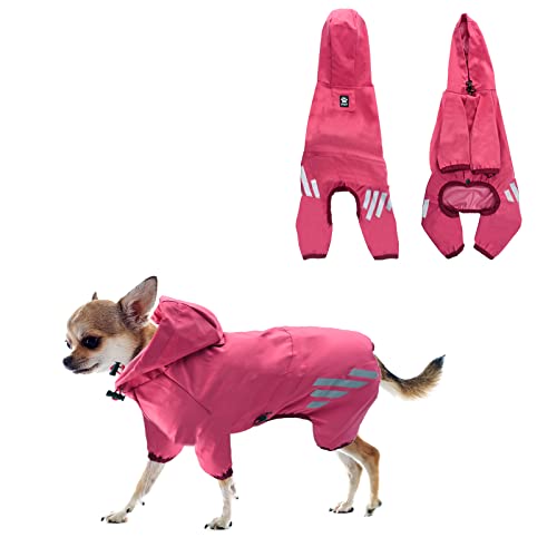 Hunde Regenmantel Regenjacke,Verstellbarer Outdoor wasserdichter Hundemantel Kapuze mit Beinen,Wasserabweisende Welpenjacke mit langem reflektierenden Streifen für kleine mittelgroße Hunde (L, Rose)