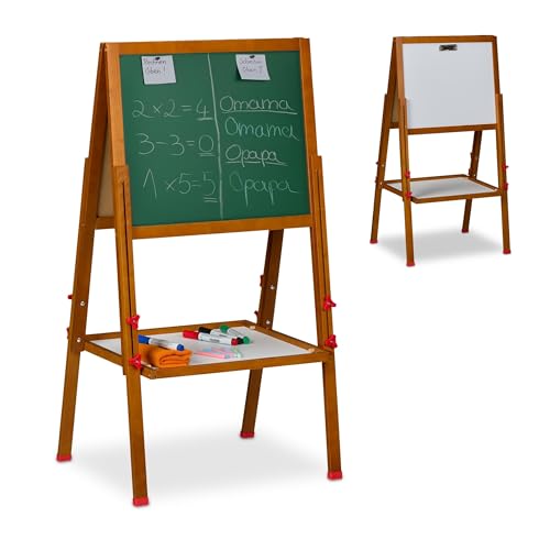Relaxdays Kinderstandtafel, magnetische Spieltafel, höhenverstellbar, 102-135x55x52 cm, Whiteboard & Kreidetafel, braun