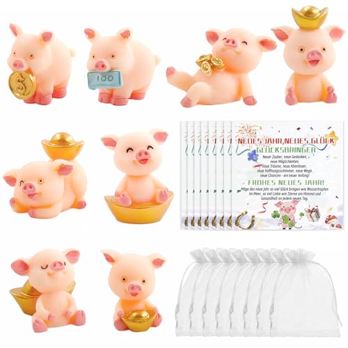 24 teiliges Set Glücksschweinchen Figuren+Neujahrskarten+Organzasäckchen,Glücksschweinchen Mini Glücksbringer Schweinchen Mini Schweinchen Glücksschwein Silvester Glücksbringer Schwein Glücksbringer