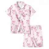 Generisch 2025 Mädchen Pyjama Set mit Schleife und Aufdruck, kurzärmlig, Oberteil mit Knopfleiste, Shorts Langarmshirt (12-13 Years)