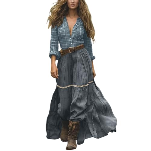 Maxikleider Damen Sommer Boho Kleid Langes Vintage Rustikaler Stil V Ausschnitt Sommerkleid Mit Blumenmuster LäSsiges FrüHling Langarm Blumenkleid Western Country Chiffonkleid Tunika Kleider