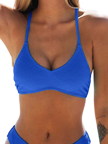 CUPSHE Damen Bikini Oberteil Neckholder V Ausschnitt Lace Up Textur Bademode Spaghettiträger Bikini Top Kobaltblau S