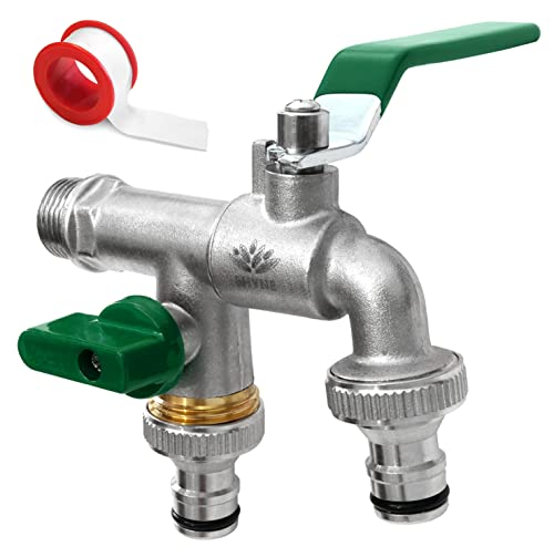 SHYNE Premium 3/4 Zoll Doppel-Wasserhahn aus Messing rost-, und frostsicher + 2X Gratis Schlauchanschlüsse + PTFE Band + Ebook | für Garten, Waschmaschine, Regentonne