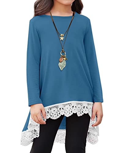 Arshiner Mädchen Tshirt Besticktes Kinder Lose Freizeit Tunika Swing Mode Langarm Oberteile Herbst Winter T-Shirts für Mädchen 9-10 Seeblau Jahre 140 Seeblau