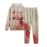 Eauptffy Tracksuit Baggy Y2K, Hoody und Sporthose, Hoodie Anzug Horror mit Blood Drucken Trainingsanzug-Set Kapuze 2-Teiliges Sweatsuit Baggy Lounge Hausanzug Modern Halloween Bekleidungsset Running