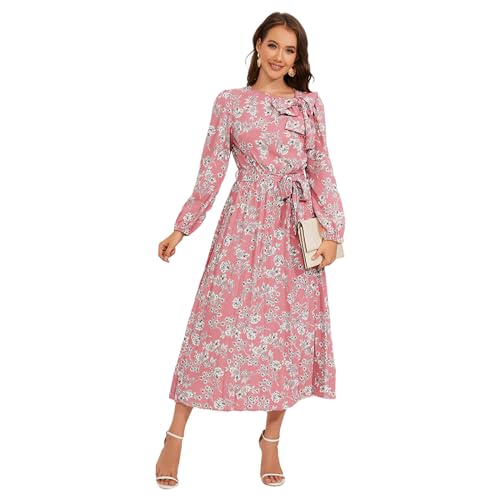 HEYPORK Damen Frühling Sommer Kleider Bequem Lässig Kleid Mode Elegant Röcke Frauen Mittellang Plissiert Langärmeligen Floralen Kleid Vintage Fliege Kleider(Rosa, 2XL)