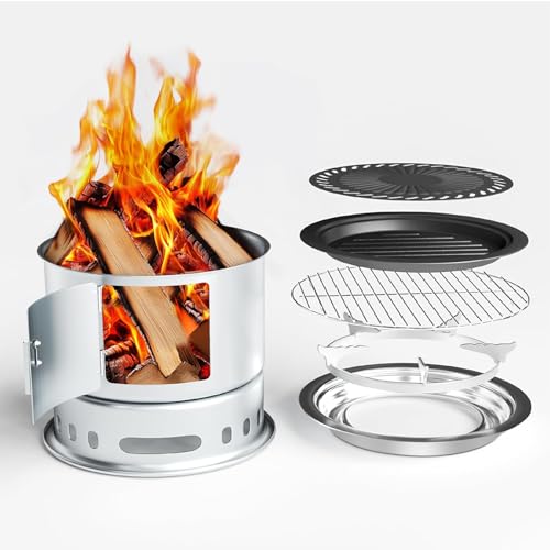 GFTIME Tragbarer Holzofen,Campinggrill Raketenofen mit Grillplatte Grillrost, Campingkocher für Kochen, Heizen und Grillen, Camping Kocher, Camping Holzofen für Dutch Oven, holzkohlegrill Outdoor